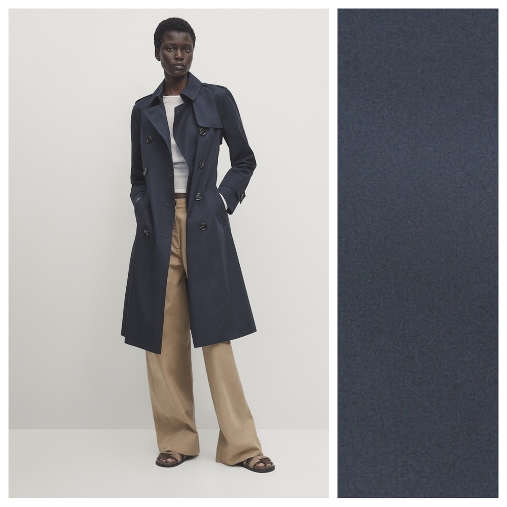 NWT. Massimo Dutti Navy Blue 100% Cotton Long Trench Coat with Belt. Size S.